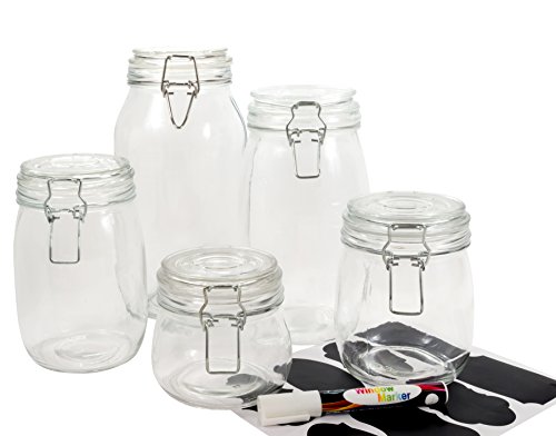 HomEquip 5-Piece Airtight Canister Set with Clip Top Lids (Clear Glass): Kitchen Preserving Storage Jars - Great Dry Food Pantry Containers for Pasta, Cereal, Cookies, Sugar, Flour, Coffee & Tea