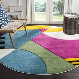 SAFAVIEH Hollywood Collection 6'7" Round Peacock Blue / Fuchsia HLW706C Mid-Century Modern Non-Shedding Dining Room Entryway Foyer Living Room Bedroom Area Rug