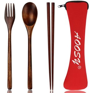 wooden spoon and fork set, flatware set, aoosy nanmu wood fork spoon chopsticks travel flatware set tableware with bag, brown color