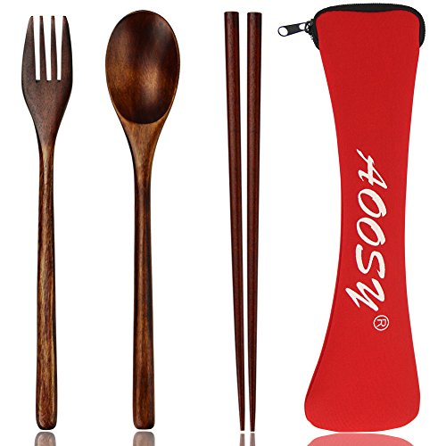 Wooden Spoon and Fork Set, Flatware Set, AOOSY Nanmu Wood Fork Spoon Chopsticks Travel Flatware Set Tableware with Bag, Brown Color