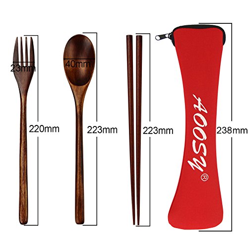 Wooden Spoon and Fork Set, Flatware Set, AOOSY Nanmu Wood Fork Spoon Chopsticks Travel Flatware Set Tableware with Bag, Brown Color