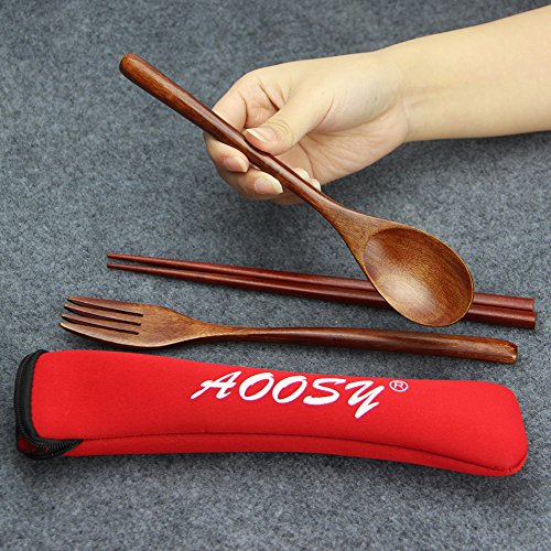 Wooden Spoon and Fork Set, Flatware Set, AOOSY Nanmu Wood Fork Spoon Chopsticks Travel Flatware Set Tableware with Bag, Brown Color