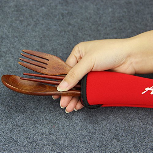 Wooden Spoon and Fork Set, Flatware Set, AOOSY Nanmu Wood Fork Spoon Chopsticks Travel Flatware Set Tableware with Bag, Brown Color