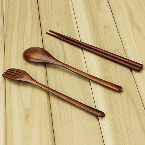 Wooden Spoon and Fork Set, Flatware Set, AOOSY Nanmu Wood Fork Spoon Chopsticks Travel Flatware Set Tableware with Bag, Brown Color