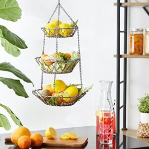 DII Metal Kitchen Storage Collection Farmhouse Stand 3-Tier Hanging Fruit Basket, Satin Nickel