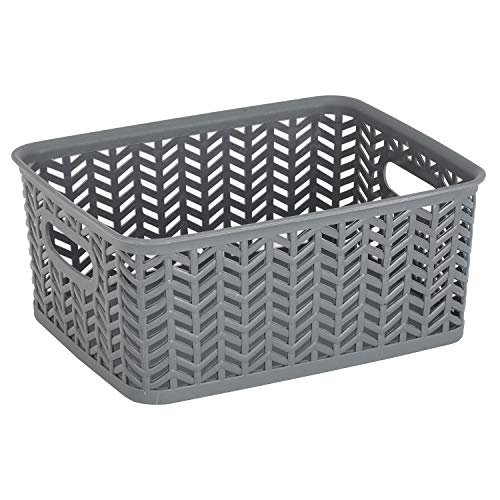 Simplify Small Herringbone Bin | Storage Tote Basket | Organizer | Decorative | Good for Closets | Countertops | Desks | Dressers | Accessories | Cleaning Products | Sports Equipment | Toys | Grey