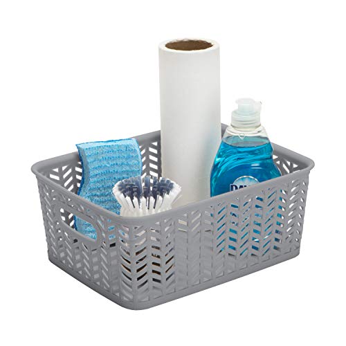 Simplify Small Herringbone Bin | Storage Tote Basket | Organizer | Decorative | Good for Closets | Countertops | Desks | Dressers | Accessories | Cleaning Products | Sports Equipment | Toys | Grey