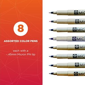 SAKURA Pigma Micron Plastic Nib Pens - Archival Black and Colored Ink Pens - Pens for Writing, Drawing, or Journaling - 0.45 mm Plastic Nibs - 8 Pack