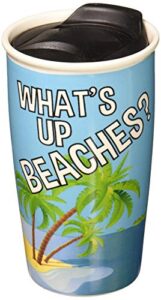 enesco margaritaville by our name is mud what's up beaches stoneware travel mug, 14 oz, multicolor