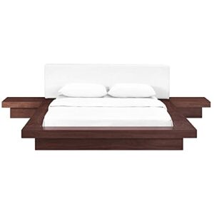 modway freja faux leather upholstered platform queen size bed and 2 nightstands in walnut white