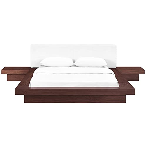 Modway Freja Faux Leather Upholstered Platform Queen Size Bed and 2 Nightstands in Walnut White
