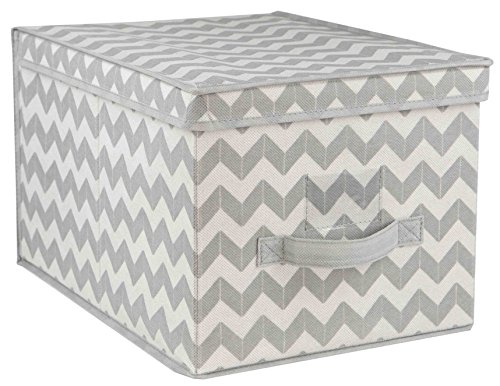 Home Basics Chevron Collection Non-woven Large Bin, Toy Storage and Organization, Collapsible, Comes with Lid, Grey