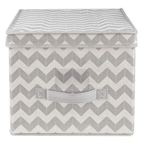 Home Basics Chevron Collection Non-woven Large Bin, Toy Storage and Organization, Collapsible, Comes with Lid, Grey