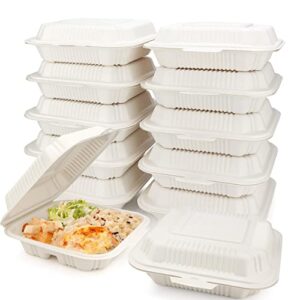 helogreen eco friendly 3 compartment 100 count 8"x8" to go food containers - to go containers disposable, take out food containers, to go boxes for food, clamshell food container, heavy duty to go box