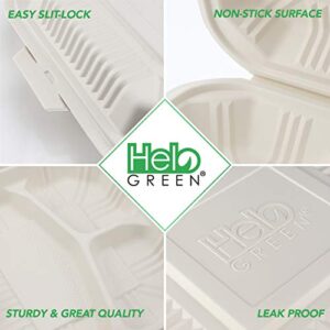 HeloGreen Eco Friendly 3 Compartment 100 Count 8"x8" To Go Food Containers - To Go Containers Disposable, Take Out Food Containers, To Go Boxes for Food, Clamshell Food Container, Heavy Duty To Go Box