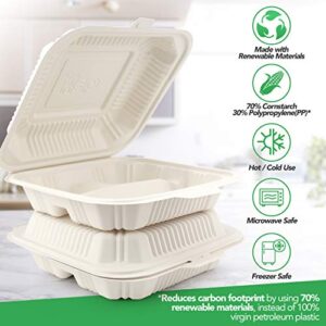 HeloGreen Eco Friendly 3 Compartment 100 Count 8"x8" To Go Food Containers - To Go Containers Disposable, Take Out Food Containers, To Go Boxes for Food, Clamshell Food Container, Heavy Duty To Go Box
