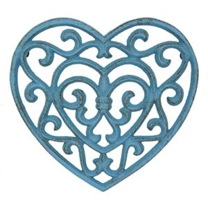 stonebriar country rustic heat resistant denim blue heart shaped cast iron trivet with rubber feet