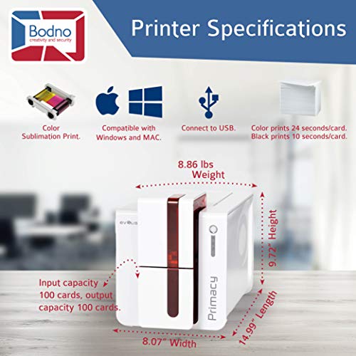 Bodno Evolis Primacy Single Sided ID Card Printer & Complete Supplies Package Bronze Edition ID Software