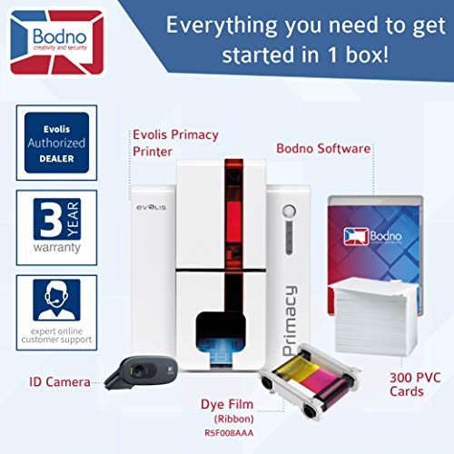 Bodno Evolis Primacy Single Sided ID Card Printer & Complete Supplies Package Bronze Edition ID Software