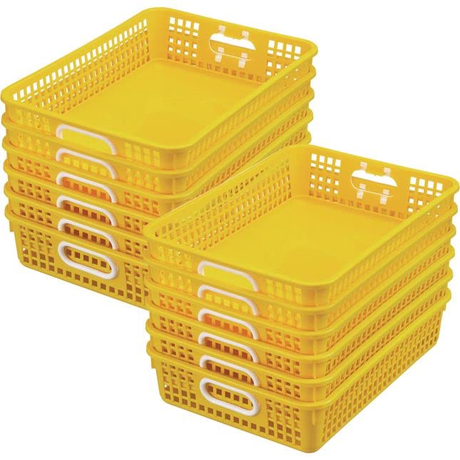 Really Good Stuff Plastic Desktop Paper Storage Baskets for Classroom or Home Use – 14”x10” Plastic Mesh Baskets Keep Papers Crease-Free and Secure – Yellow Baskets With White Handles (Set of 12)