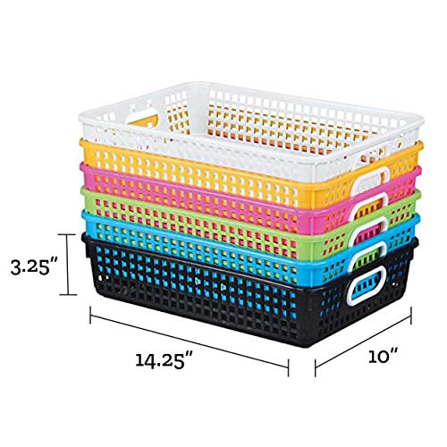 Really Good Stuff Plastic Desktop Paper Storage Baskets for Classroom or Home Use – 14”x10” Plastic Mesh Baskets Keep Papers Crease-Free and Secure – Yellow Baskets With White Handles (Set of 12)