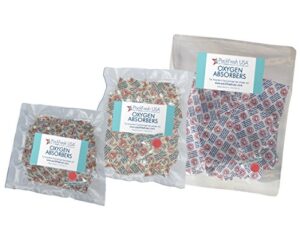 packfreshusa: oxygen absorber combo - contains 3 sizes 50cc, 100cc, and 300cc- food grade - non-toxic - food preservation - long-term food storage guide included - 150 pack (50 count of each size)