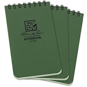 rite in the rain weatherproof top-spiral notebook, 3" x 5", green cover, universal pattern, 3 pack (no. 935-3)
