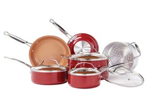 bulbhead red copper 10 pc copper-infused ceramic non-stick cookware set