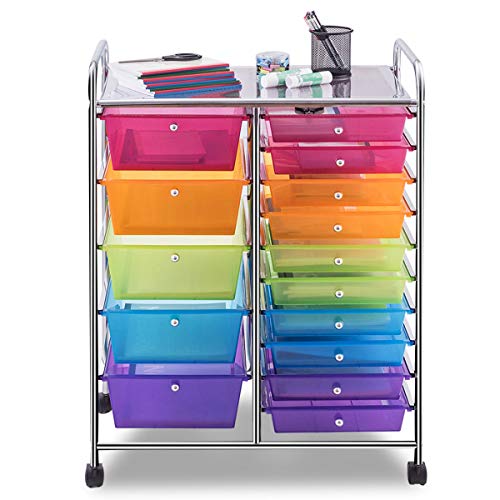 Giantex 15 Drawer Rolling Storage Cart Tools Scrapbook Paper Office School Organizer, Multicolor