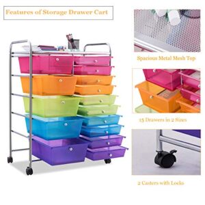 Giantex 15 Drawer Rolling Storage Cart Tools Scrapbook Paper Office School Organizer, Multicolor