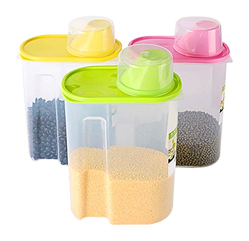 Basicwise Large BPA -Free Plastic Food Saver, Kitchen Food Cereal Storage Containers with Graduated Cap, Set of 3, Pink, Green, and Yellow, QI003216.3L