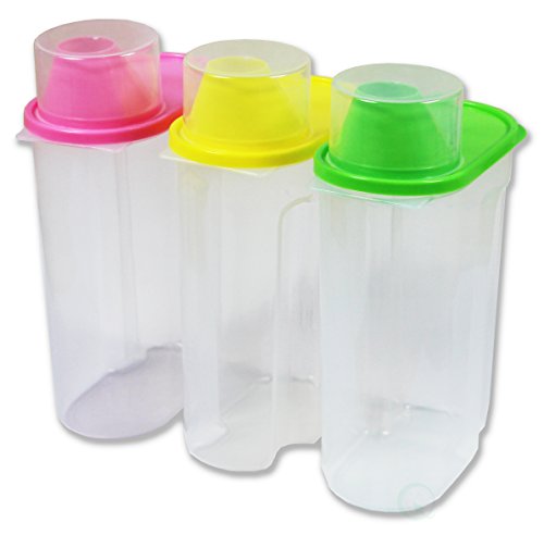 Basicwise Large BPA -Free Plastic Food Saver, Kitchen Food Cereal Storage Containers with Graduated Cap, Set of 3, Pink, Green, and Yellow, QI003216.3L