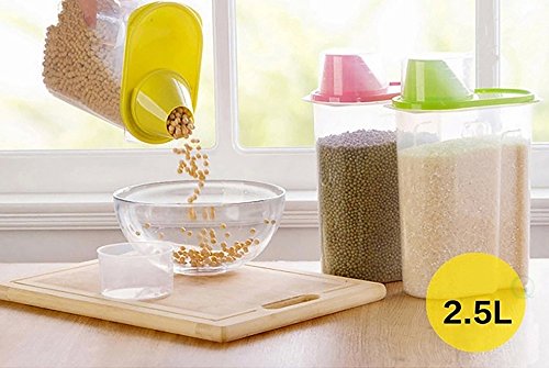 Basicwise Large BPA -Free Plastic Food Saver, Kitchen Food Cereal Storage Containers with Graduated Cap, Set of 3, Pink, Green, and Yellow, QI003216.3L