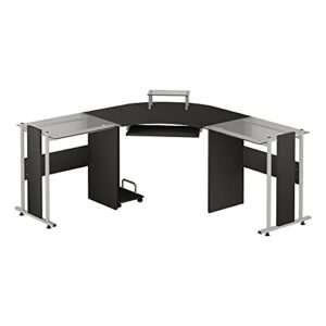 homcom 69" modern l-shaped tempered glass office computer desk with elevated monitor stand, rolling cpu holder, pull out keyboard tray and steel frame, black