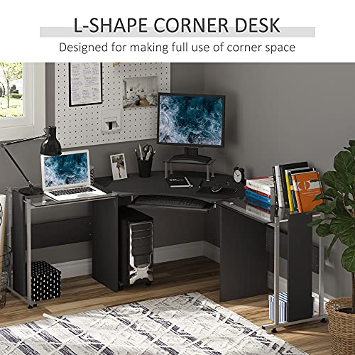 HOMCOM 69" Modern L-Shaped Tempered Glass Office Computer Desk with Elevated Monitor Stand, Rolling CPU Holder, Pull Out Keyboard Tray and Steel Frame, Black