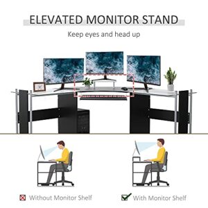 HOMCOM 69" Modern L-Shaped Tempered Glass Office Computer Desk with Elevated Monitor Stand, Rolling CPU Holder, Pull Out Keyboard Tray and Steel Frame, Black