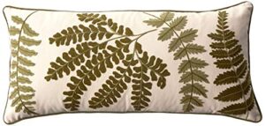 creative co-op white rectangle cotton pillow with embroidered green ferns