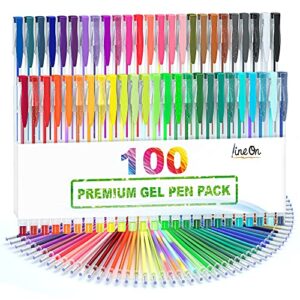 lineon 100 pack gel pens set, 50 colors gel pens with 50 refills gel pen set for adult coloring books drawing doodling art markers