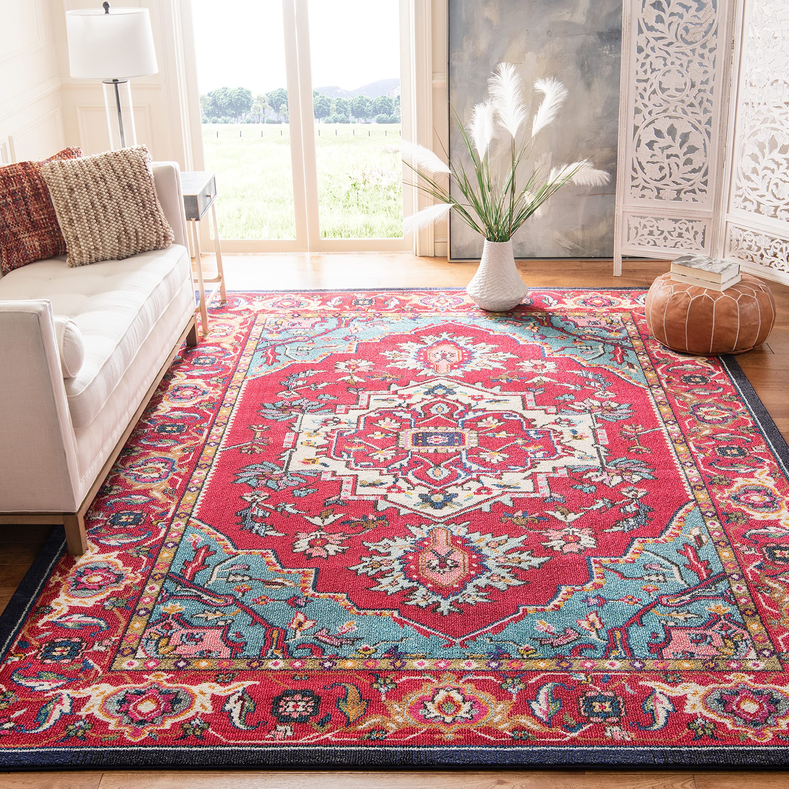 SAFAVIEH Monaco Collection Area Rug - 8' x 10', Red & Turquoise, Boho Oriental Medallion Design, Non-Shedding & Easy Care, Ideal for High Traffic Areas in Living Room, Bedroom (MNC207C)