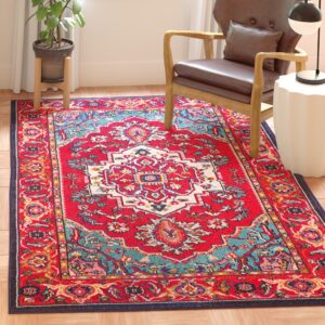 SAFAVIEH Monaco Collection Area Rug - 8' x 10', Red & Turquoise, Boho Oriental Medallion Design, Non-Shedding & Easy Care, Ideal for High Traffic Areas in Living Room, Bedroom (MNC207C)