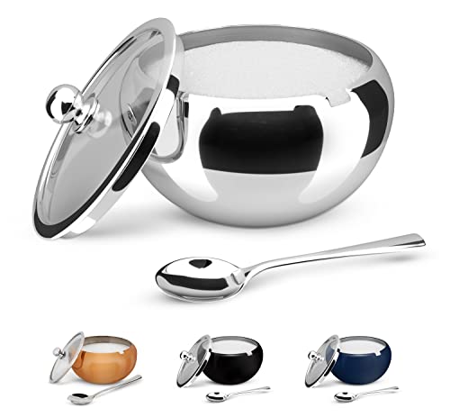 KooK Large Stainless Steel Sugar Bowl with Lid and Spoon, Serving Dish, Clear Glass Lid, Storage for Salt, Candy, Coffee, Holds 2 Cups, Dishwasher Safe, 16 oz (Stainless Steel)