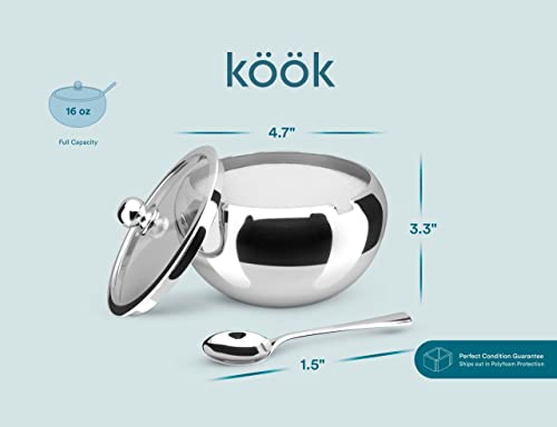 KooK Large Stainless Steel Sugar Bowl with Lid and Spoon, Serving Dish, Clear Glass Lid, Storage for Salt, Candy, Coffee, Holds 2 Cups, Dishwasher Safe, 16 oz (Stainless Steel)