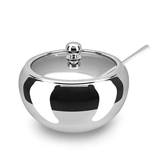 KooK Large Stainless Steel Sugar Bowl with Lid and Spoon, Serving Dish, Clear Glass Lid, Storage for Salt, Candy, Coffee, Holds 2 Cups, Dishwasher Safe, 16 oz (Stainless Steel)