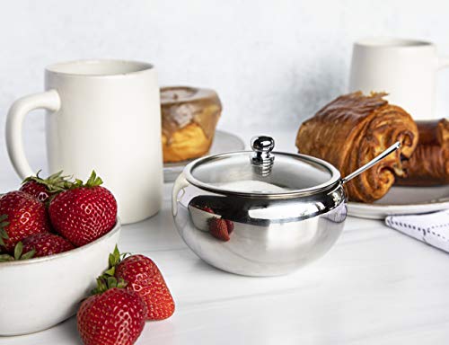 KooK Large Stainless Steel Sugar Bowl with Lid and Spoon, Serving Dish, Clear Glass Lid, Storage for Salt, Candy, Coffee, Holds 2 Cups, Dishwasher Safe, 16 oz (Stainless Steel)