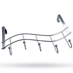 over the door rack with hooks | 5 hangers for towels coats clothes robes ties hats | bathroom closet extra long heavy duty chrome space saver mudroom organizer by kyle matthews designs