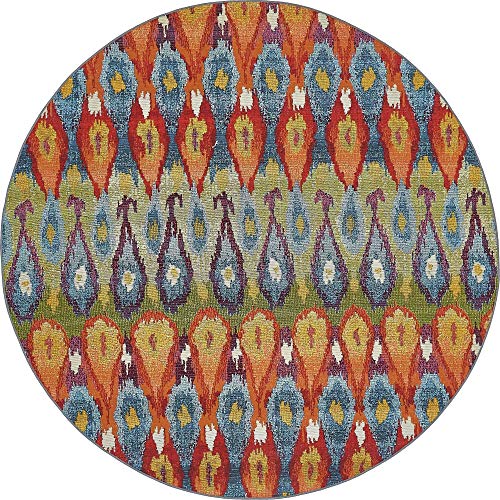 Unique Loom Outdoor Modern Collection Area Rug - Ikat (8' Round, Multi/ Burgundy)