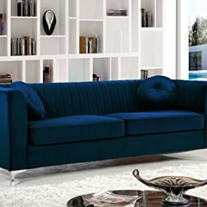 Meridian Furniture Isabelle Collection Modern | Contemporary Channel Tufted, Velvet Upholstered Sofa with Custom Chrome Legs, Navy, 86.5" W x 35.5" D x 31" H