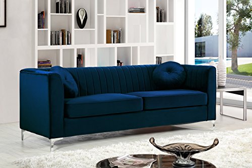 Meridian Furniture Isabelle Collection Modern | Contemporary Channel Tufted, Velvet Upholstered Sofa with Custom Chrome Legs, Navy, 86.5" W x 35.5" D x 31" H