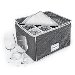stemware storage case - quilted fabric container in gray measuring 16" x 13" x 10"h - inside compartment is 4" x 4" - perfect storage case for white and red wine beer mugs