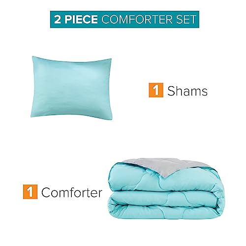 Comfort Spaces Vixie Reversible Comforter Set - Trendy Casual Geometric Quilted Cover, All Season Down Alternative Cozy Bedding, Matching Sham, Aqua/Gray, Twin/Twin XL 2 piece